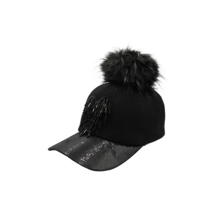 Kadın Siyah Tüylü Taşlı Püsküllü Şapka Capmwb501r001