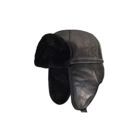 Unisex Siyah Hakiki Deri Pilot Kulaklıklı Şapka Bere